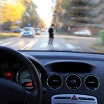 Sports car rushing to hit pedestrian